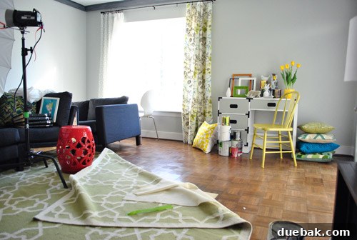 Behind the scenes of the book cover photoshoot, featuring a styled corner with various DIY projects.