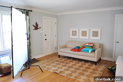 Borrowed sofa styled for a photoshoot, with elements later cropped out.