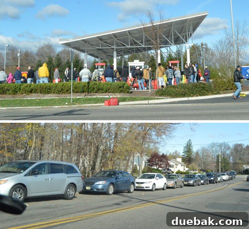 Long lines of cars waiting for gasoline after Hurricane Sandy