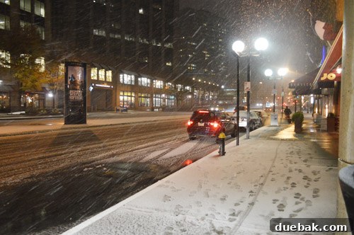 Heavy snowfall outside the West Elm store during the book signing event in Boston