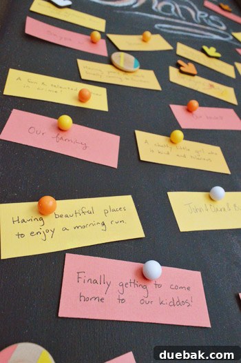 Crafting Your Thanksgiving Gratitude Board 11 Close up of Thanksgiving gratitude notes on magnetic DIY chalkboard