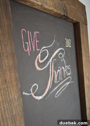 Crafting Your Thanksgiving Gratitude Board 3 Give Thanks chalk lettering on DIY magnetic chalkboard with wood framed