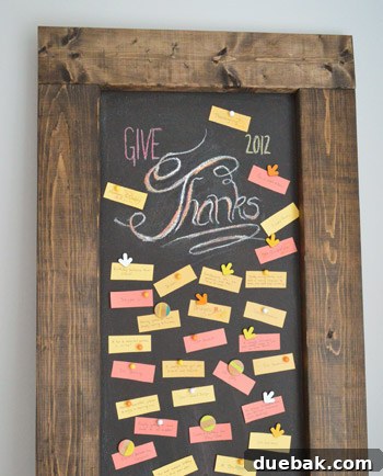 Crafting Your Thanksgiving Gratitude Board 5 Leaning DIY magnetic chalkboard with Give Thanks lettering in chalk with gratitude notes
