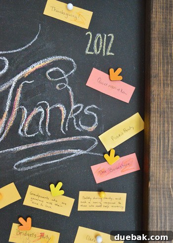 Crafting Your Thanksgiving Gratitude Board 6 DIY leaning chalkboard with Thanksgiving message and gratitude notes held with magnets