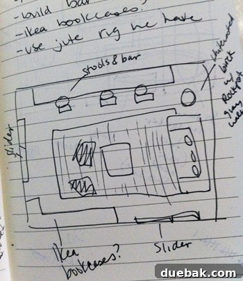 A hand-drawn sketch of the sunroom layout, depicting initial design ideas for furniture placement and functional zones, a crucial first step in home renovation.