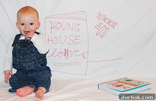 Baby Sawyer in his 41-week photo with Sherry Petersik's book cover sketch backdrop.