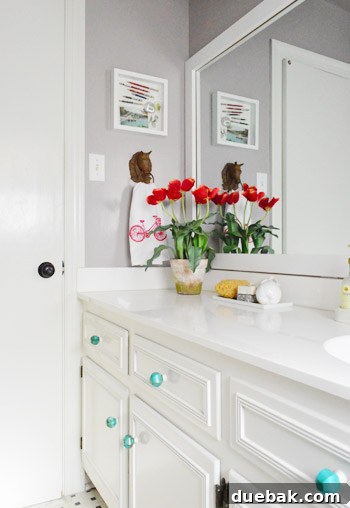 Wider shot of the updated bathroom with the framed mirror