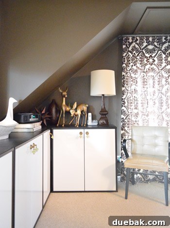 House Transformation: Finally Home 13 Close-up of decorative gold deer figurines and brown and white Ikea cabinets