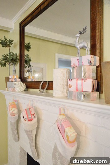 Festive Flair, Simplified 2 Festive Christmas mantel with stockings and faux presents