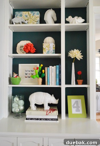 Festive Flair, Simplified 12 Built-in shelf decor with red coral and Burger ornament