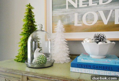 Festive Flair, Simplified 8 Ceramic bird and green ornament in a glass dome