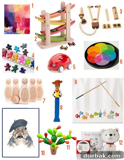 Festive Finds For Little Ones 2 A collection of colorful and creative children's gifts, including art supplies, a wooden doctor kit, and other playful items, perfect for a holiday gift guide.