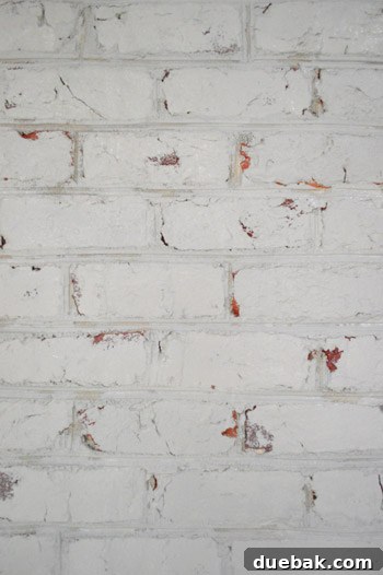 Unpainted brick cracks remaining after initial roller application, requiring detailed brushwork.