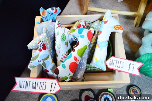 Tributary Handmade fabric rattles, including a silent version and one with nostalgic pear and apple fabric