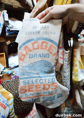 Jessica Reed Artifacts Christmas stocking made from repurposed grain and feed sacks