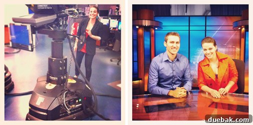 A couple, John and Sherry, smiling on a television set, ready for a live broadcast.