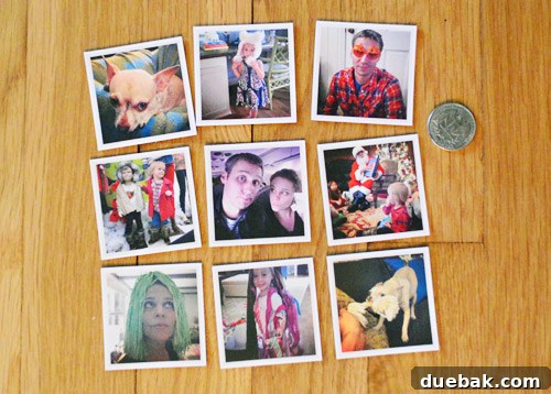 Beyond the App Two Playful Ways to Use Your Instagram Photos 10 Instagram magnets laid out next to a US quarter for size comparison