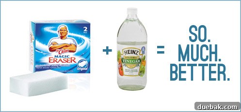 Simple cleaning tools for furniture restoration: Magic Eraser, vinegar, rags