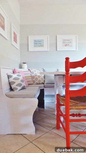 L-shaped bench painted white, ready for the breakfast nook