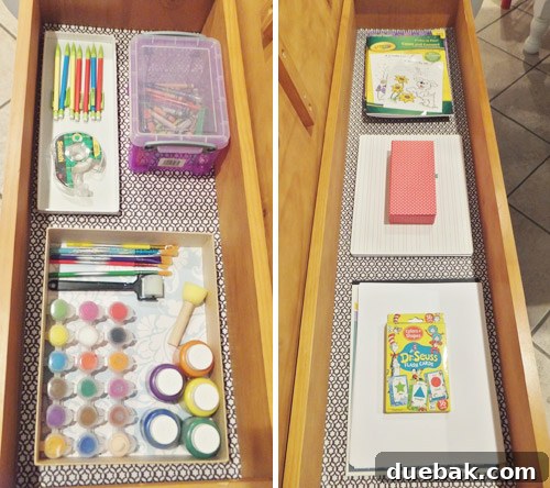 Storage inside the L-shaped bench, organized with graphic shelf paper