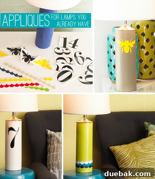 Young House Love decorative decals (appliqués) featuring bee shapes, numbers, and scalloped patterns for DIY lamp customization.
