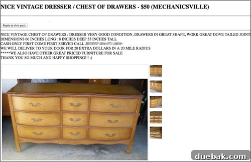 Close-up view of the vintage nine-drawer dresser, showcasing its wooden details and potential for a DIY makeover.