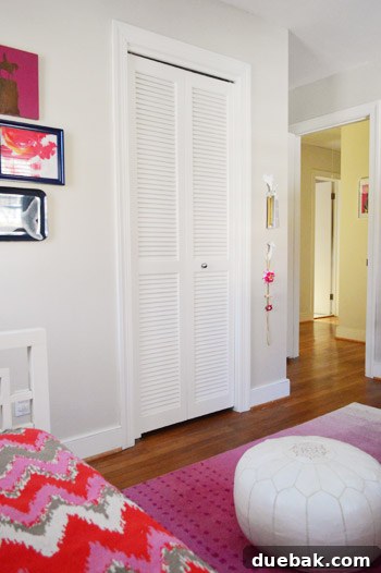 Wall with hooks next to a closet door in a child's room