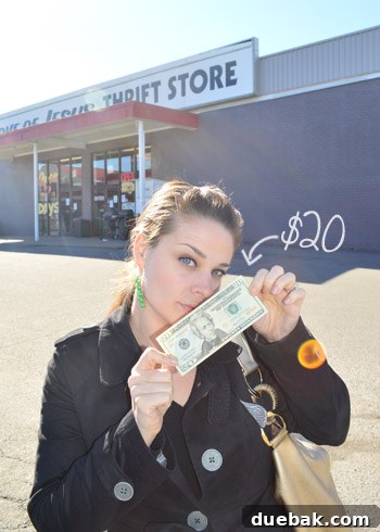 A hand holding twenty dollars, ready to enter a thrift store, symbolizing the start of the challenge.