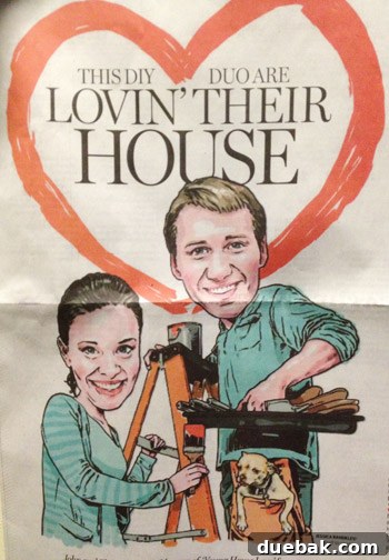 Newspaper illustration of the authors and their dog Burger, promoting their appearance at the Tacoma Home & Garden Show.