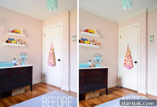 Mastering Crown Molding Installation 3 before and after of pink girl's bedroom with and without crown molding on ceiling