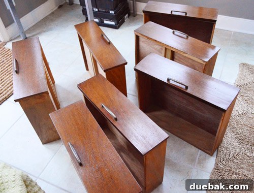 Fully restored and waxed media cabinet drawers