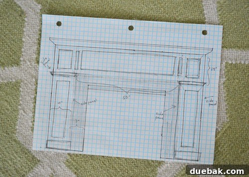 Hand-drawn sketch of planned fireplace makeover
