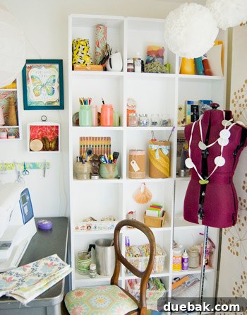 Crashing into Quaintness: The Vine-Covered Home 7 Bonnie's crafting nook with thrifted furniture and DIY shelves
