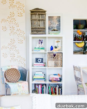 Crashing into Quaintness: The Vine-Covered Home 8 Cozy reading nook with Ikea bookshelf and thrift store birdhouse