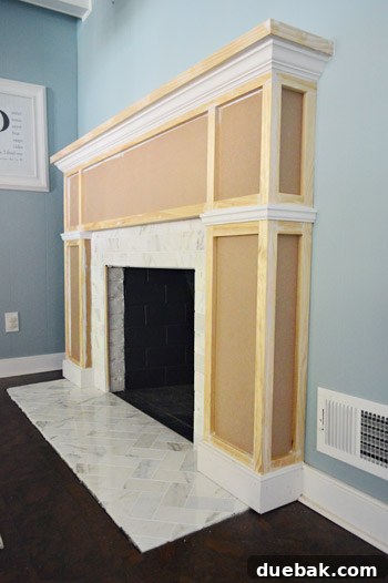 Close-up of the fireplace trim, ready for final finishing steps