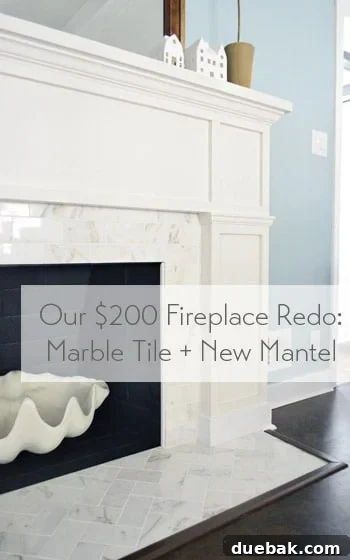 Our $200 Marble Fireplace Glow-Up 2 Our completed fireplace makeover featuring a new mantel and elegant marble subway tile surround