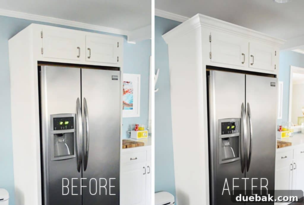 Transform Your Cabinets with Elegant Crown Molding 12 Side-by-side before & after of white refrigerator cabinets during crown molding installation