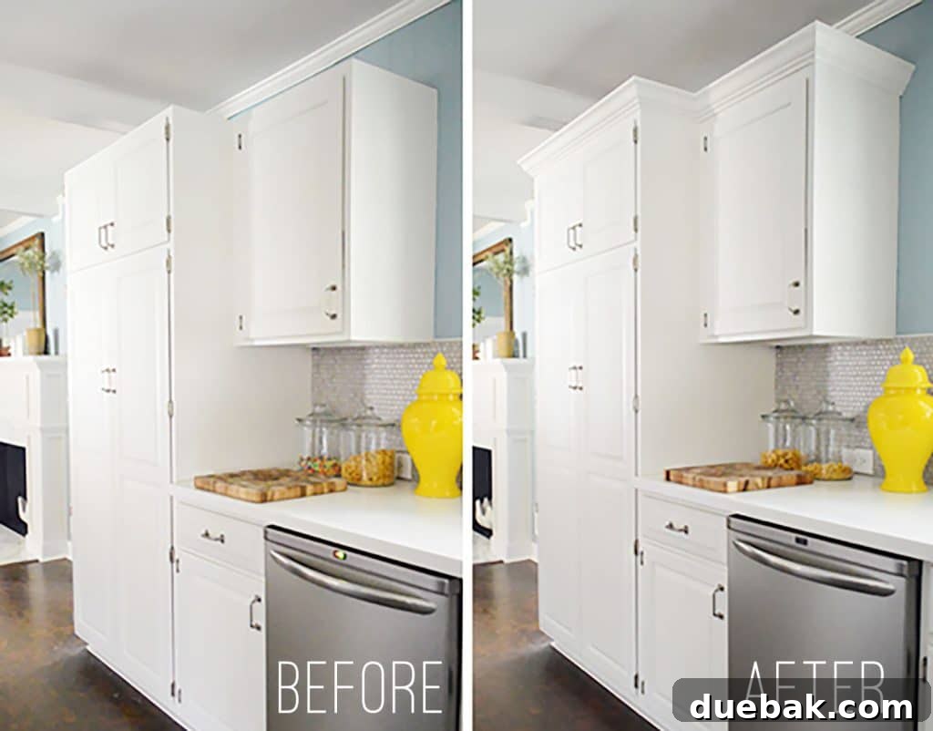 Transform Your Cabinets with Elegant Crown Molding 4 Side-by-side before & after of white kitchen cabinets during crown molding installation