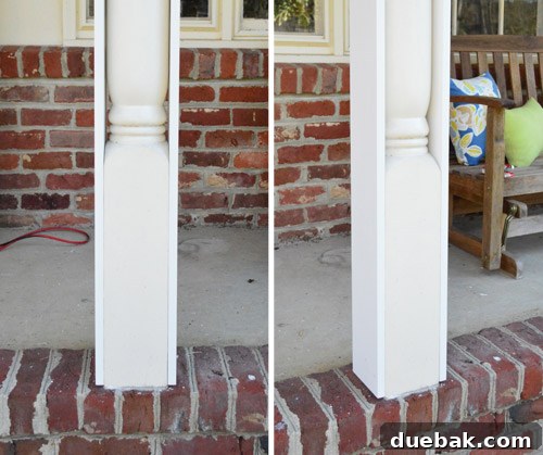 Refreshing Your Porch: Taking Down Scalloped Trim and Repairing Columns 12 One porch column with two sides of the 1x6 inch pre-primed pine boards already attached, showing the widening effect.