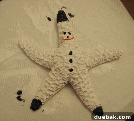 Painted snowman starfish with basic features: boots, buttons, eyes, nose, and mouth.