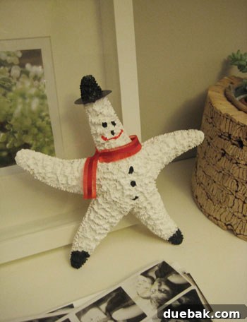 Completed starfish snowman with a red ribbon scarf and black cardstock hat brim.