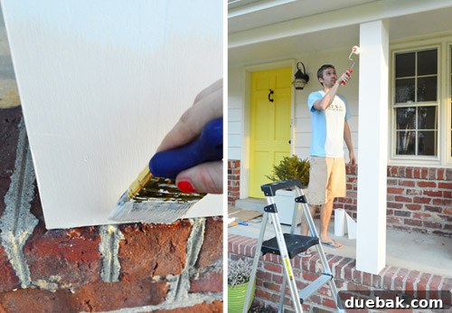 Transforming Curved Porch Columns with a Boxed Design 7 Teamwork in action: painting the porch columns, with one person cutting in and the other rolling