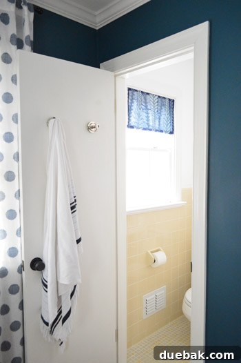 View from guest room showing the new bathroom window shade and connecting decor