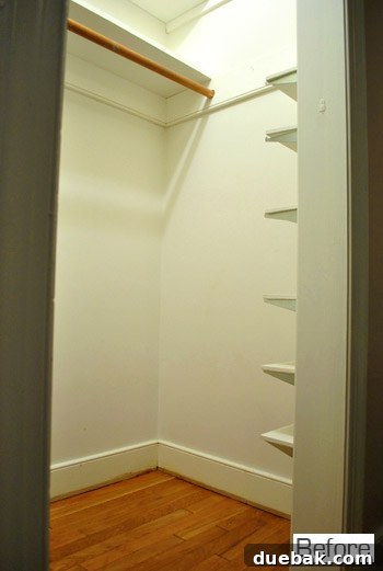 Clara's closet with removed door and curtain
