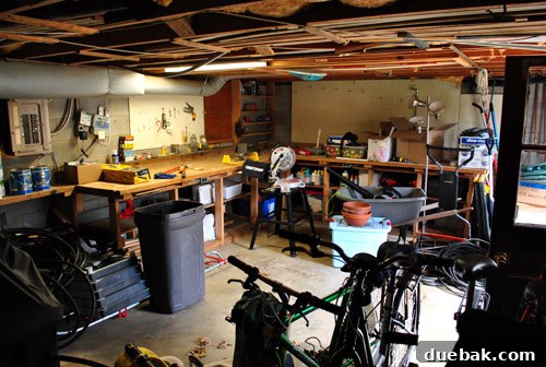 Clean and organized basement workshop