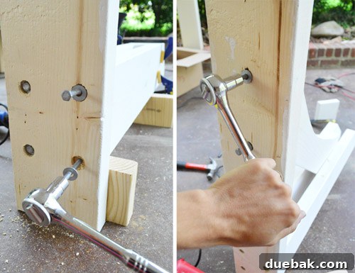 Securing beams and arch to the brace base with lag bolts