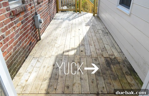Focus on a stained section of the deck, showing accumulated debris