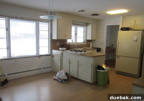 Before and After: Outdated beige kitchen with limited counter space before renovation.