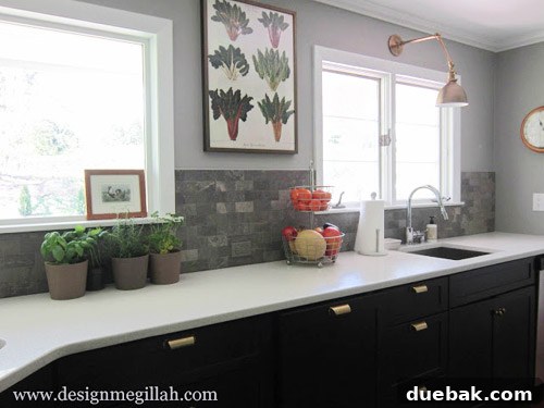 Kitchen details: Shaker cabinets, brass pulls, quartz countertops, and Schoolhouse Electric lighting.
