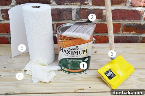 Deck Restoration: A Comprehensive Guide to Staining and Sealing 9 Supplies for deck staining, including stain, applicator, and brush